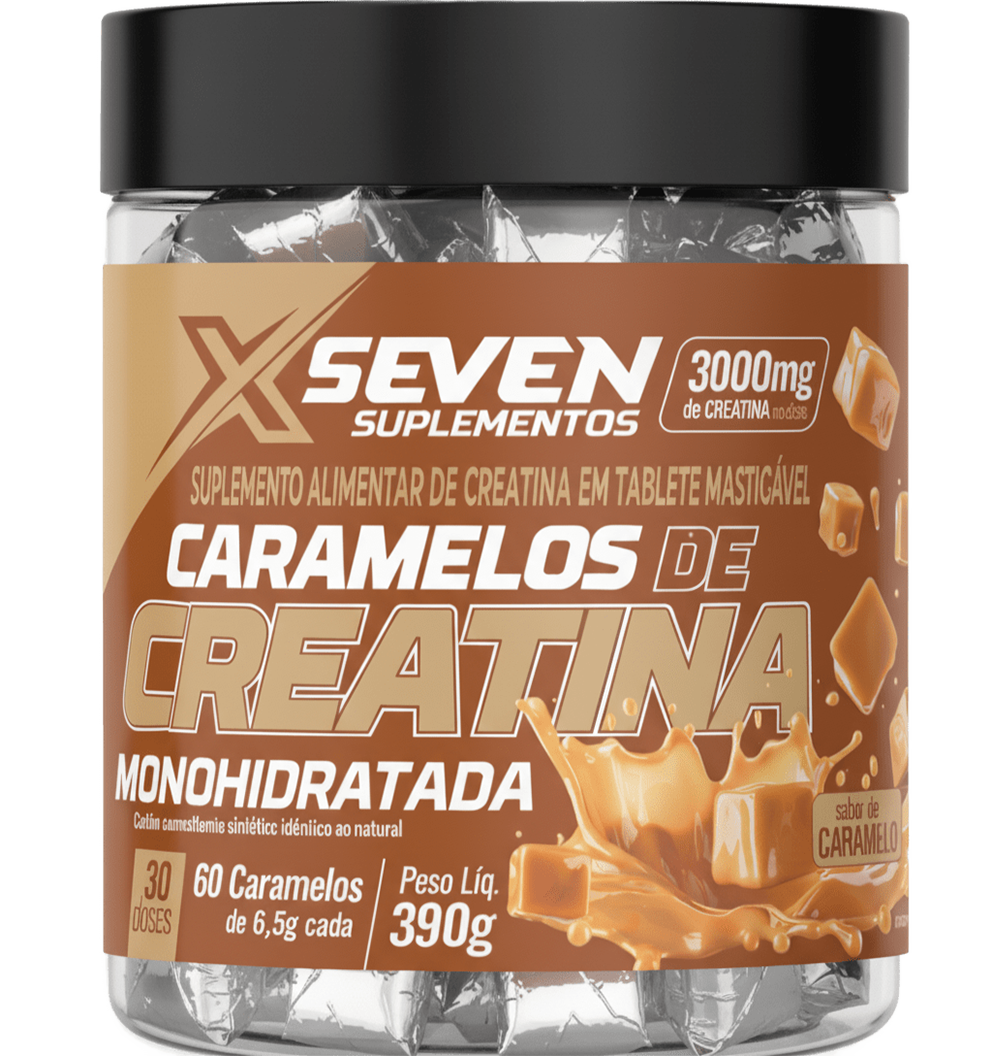 Creatina em Tablete Mastigável de Caramelo – XSeven Suplementos
