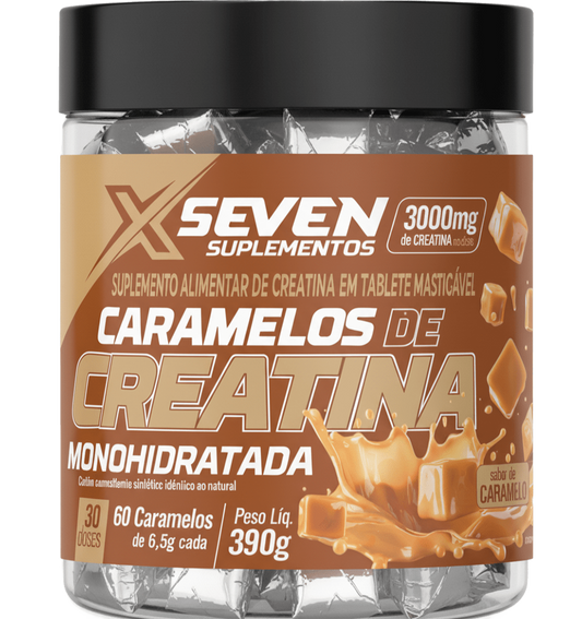 Creatina em Tablete Mastigável de Caramelo – XSeven Suplementos